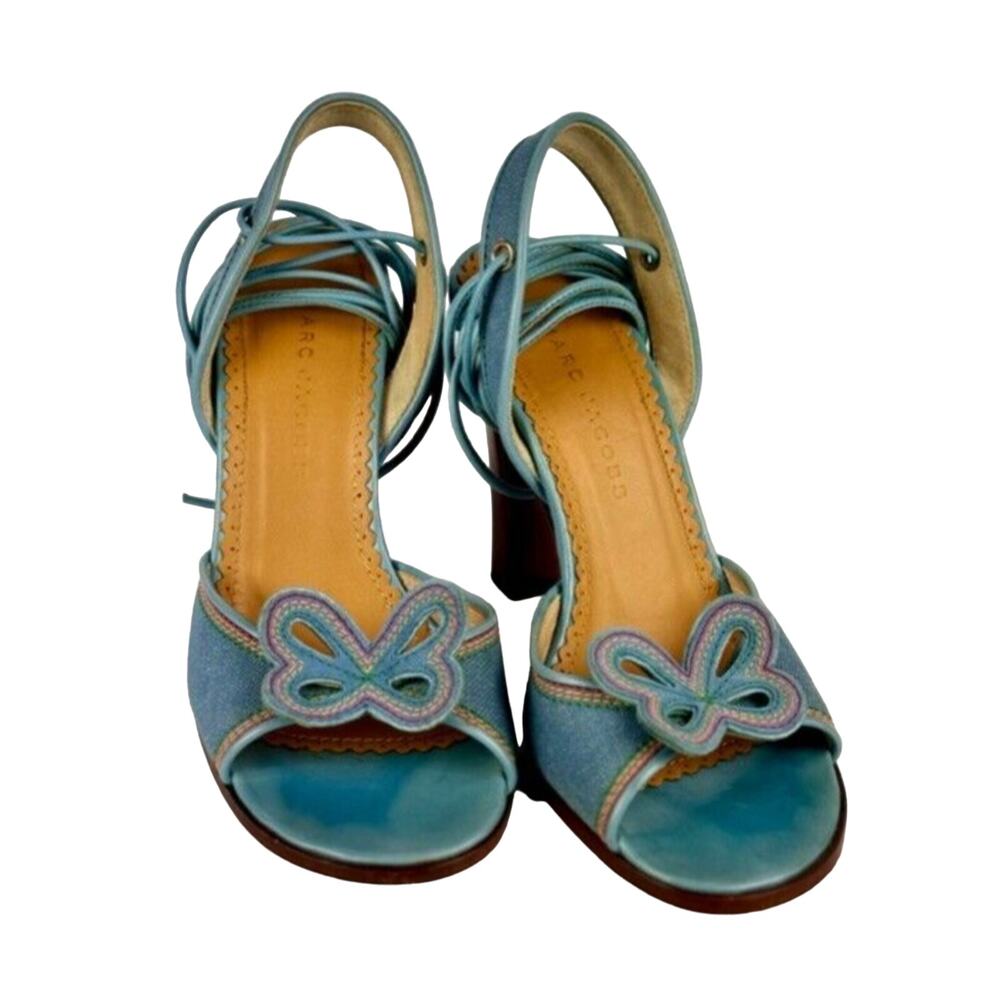 Vintage Marc Jacobs Sandals Size 6.5 block heel cloth butterfly lace up